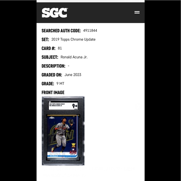Ronald Acuna Jr. - 2019 Topps Chrome Update AS #81 SGC 9 - Picture 4 of 4